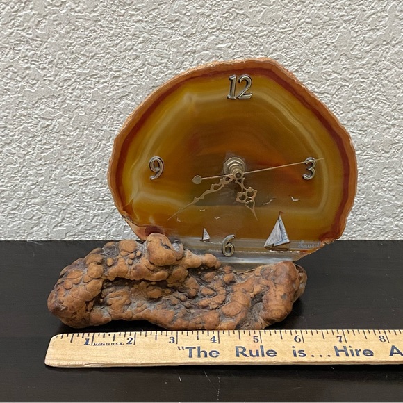 Vintage Agate Stone Decorative Agate Clock on Wood Base - Picture 7 of 14